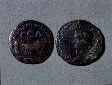 At left a coin with the legend 'Scipione er Montano II vir CCA', at right the front with the word…