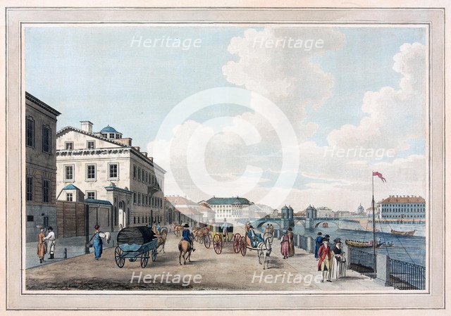 View of the Fontanka Embankment near the Simeon bridge in St. Petersburg.