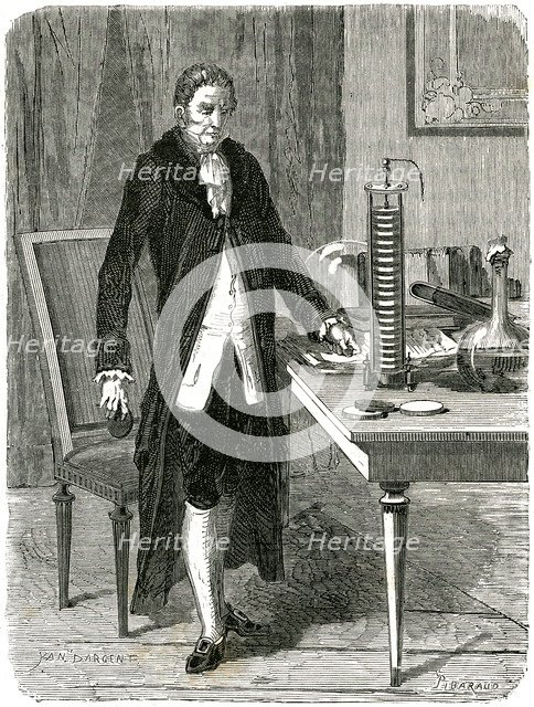 Alessandro Volta, Italian physicist, demonstrating his electric pile (battery), c1800 (c1870). Artist: Unknown