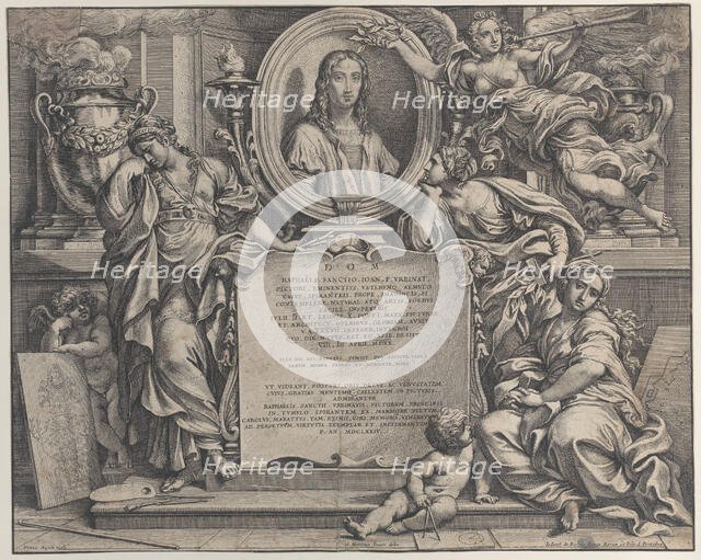 Frontispiece with oval portrait of Raphael, with three allegorical figures of the Arts sup..., 1675. Creator: Carlo Maratti.