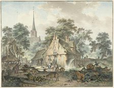 Water mill and village church, 1777. Creator: Hendrik Meijer.