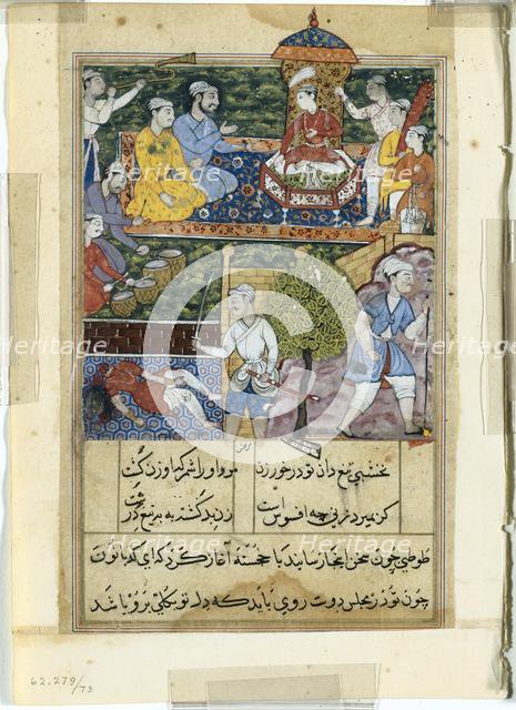 Page from Tales of a Parrot (Tuti-nama): Eighth night: The young prince is crowned..., 1558-1560. Creator: Suraju (Indian).