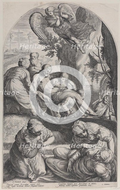The Entombment, with Christ's body carried on a sheet at center, the three Maries in the f..., 1594. Creator: Jacob Matham.