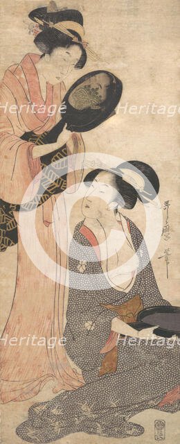 Two Ladies, Each with a Portion of a Lacquered Mirror, 1790s. Creator: Kitagawa Utamaro.
