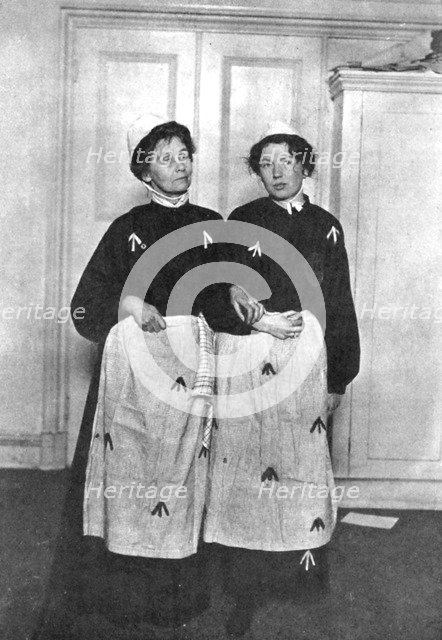 Emmeline and Christabel Pankhurst, English suffragettes, in prison dress, 1908. Artist: Unknown