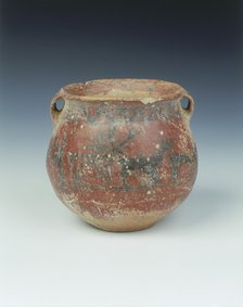 Ochre red slipped pottery jar with deer and archer, Karuo culture, China, c2300-c1800 BC. Artist: Unknown
