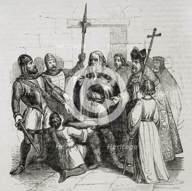 Coronation of King Wamba in Toledo, who was anointed by Bishop Quiricus on 20 September 672 (1852).  Creators: José Vallejo, Capuz.