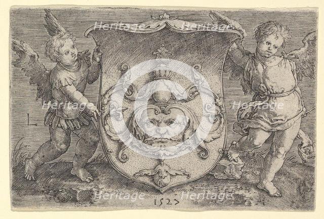 Coat of Arms with a Mask, Held by Two Genii, 1527. Creator: Lucas van Leyden.