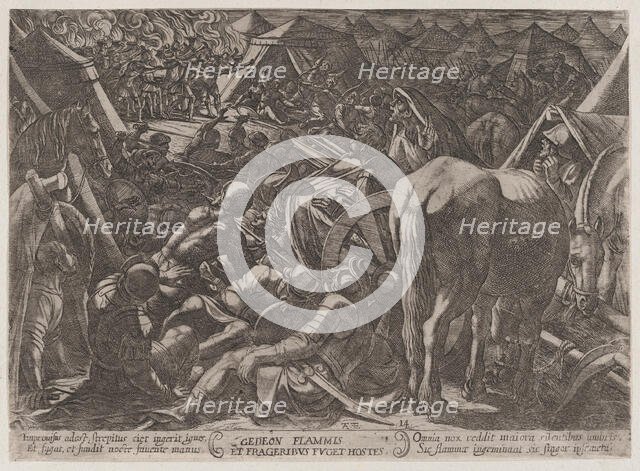 Plate 14: Gideon Terrorizing the Enemy Camp, from 'The Battles of the Old Tes..., ca. 1590-ca. 1610. Creator: Antonio Tempesta.