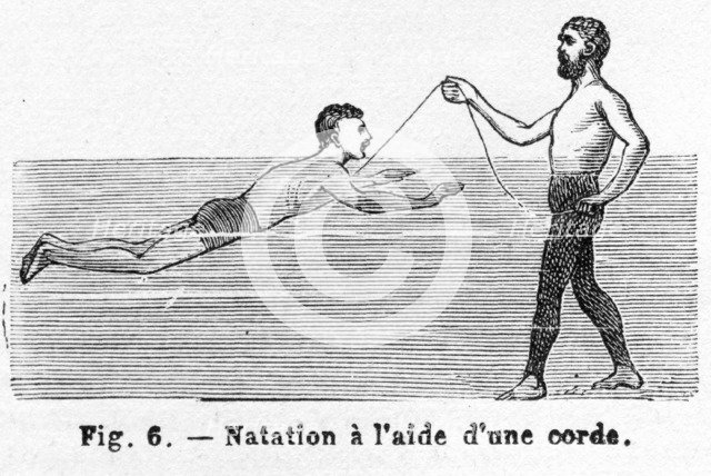 Learning to Swim using a Cord, pub. 1885 (engraving), 1885. Creator: French School (19th Century).