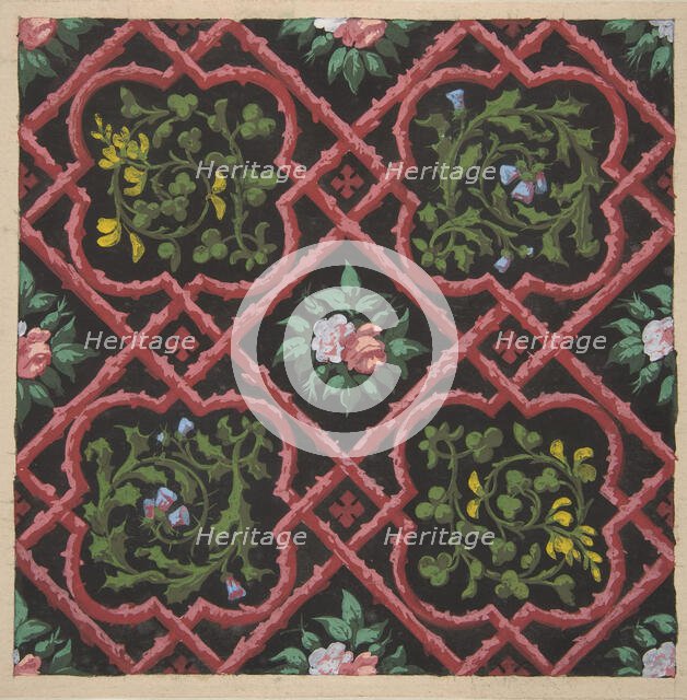 Design for wallpaper featuring flowers and latticework, 1830-97. Creators: Jules-Edmond-Charles Lachaise, Eugène-Pierre Gourdet.