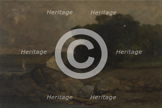 Untitled (landscape with rocks, man and sailboats), 1895. Creator: Edward Mitchell Bannister.