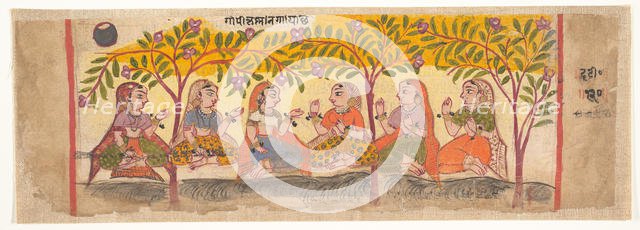 Six Gopis Seated Beneath Trees: Page from a Dispersed Bhagavata Purana...1600-10. Creator: Unknown.