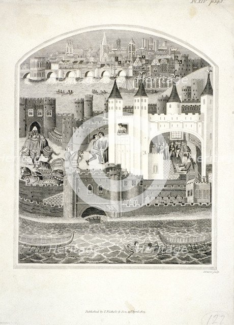 Charles duc d'Orleans imprisoned in the Tower of London with London Bridge in the background, 1803. Artist: James Basire II