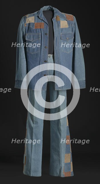 Denim and suede suit jacket and bellbottoms worn by Charley Pride, 1976. Creator: Unknown.