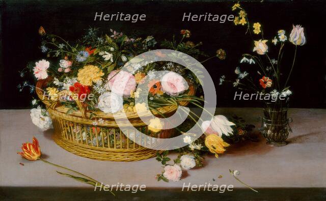 Flowers in a Basket and a Vase, 1615. Creator: Jan Brueghel the Elder.