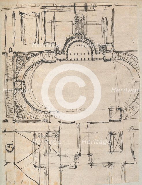 Page from a Scrapbook containing Drawings and Several Prints of Architecture, Int..., ca. 1800-1850. Creators: Workshop of Charles Percier, Workshop of Pierre François Léonard Fontaine.