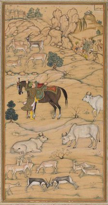 Akbar Mounting his Horse; page from the Chester Beatty Akbar Nama (History of Akbar), 1605-07. Creator: Sur Das Gujarati (Indian, active 16th century), attributed to.