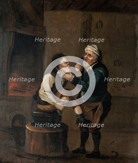 A farrier extracting a tooth from a man's mouth, c1680s. Creator: Follower of David Teniers II.