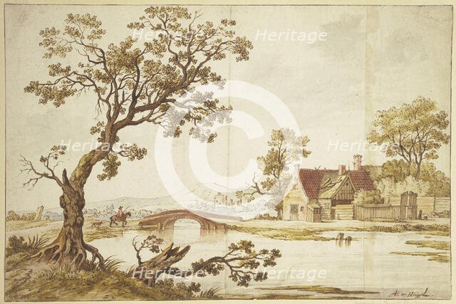 Farm by a stone bridge, over which a rider in a red cloak accompanied by a dog is about to ride. Creator: Aarnout ter Himpel.