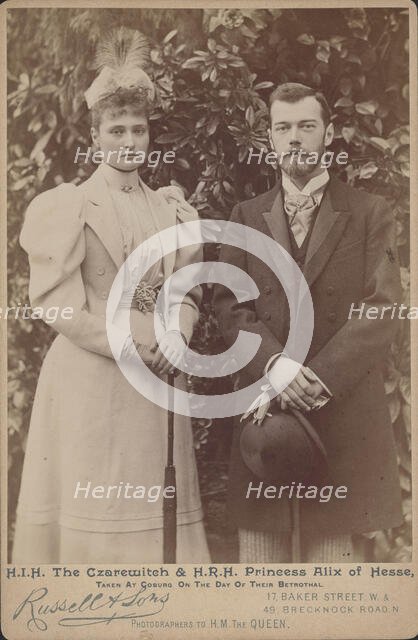 Princess Alix of Hesse and the Tsarevich Nicholas at Coburg on the day of their betrothal, 1894. Creator: Photo studio J. Russell & Sons, London  .