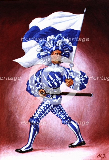 Flag bearer from the canton of Zoug, c. 1510. Color engraving from 1943, published by Editions Fr…