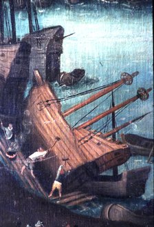 Shipbuilding, detail of oil painting 'View of Seville' by Alonso Sanchez Coello.