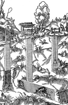 Sectional view of a mine showing shafts and galleries, 1556. Artist: Unknown