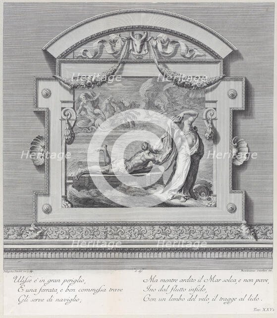 Plate 26: Ulysses escaping on a raft with the aid of the sea deity Leucothea, 1756. Creators: Bartolomeo Crivellari, Gabriel Söderling.