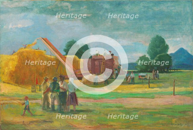 Threshing on State Property, 1950. Creator: Bedrich Hoffstädter.