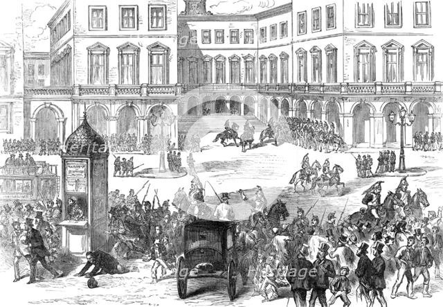 Paris Municipal Guard dispersing the crowd at the St. Lazare Railway Station, 1874. Creator: Unknown.