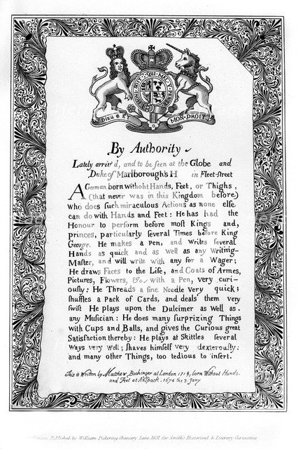 Calligraphic exhibition bill of Matthew Buchinger, 'Dwarf of Nurnburg', 1717, (1840). Artist: Matthew Buchinger