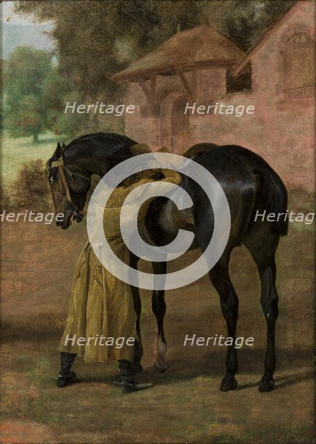 Stableman Saddling a Horse, 1826. Creator: Henryk Zabiello.