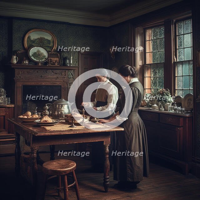 AI IMAGE - Victorian period kitchen with housekeeper and maid, 2023. Creator: Heritage Images.