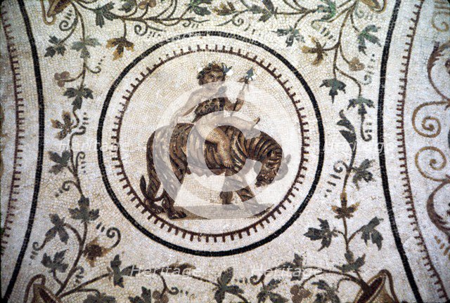 Infant Dionysus Riding on a Tiger, Roman mosaic detail at El Djem, Tunisia. c2nd century.  Artist: Unknown.