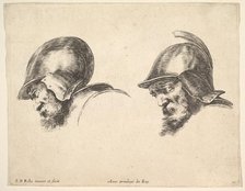 Plate 10: two heads of old soldiers wearing helmets, both facing left and looking down..., ca. 1641. Creator: Stefano della Bella.