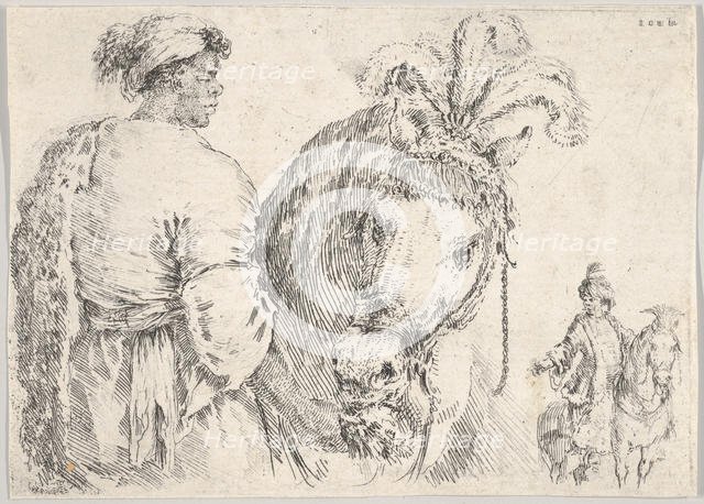 A man at left in profile giving a handful of hay to a horse at center, a horseman to t..., ca. 1662. Creator: Stefano della Bella.