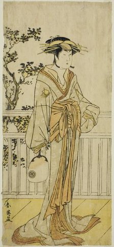 The Actor Iwai Hanshiro IV as Okumi of the Mieido Fan Shop (?) in the Play Sanjuk-koku..., c. 1789. Creator: Katsukawa Shun'ei.