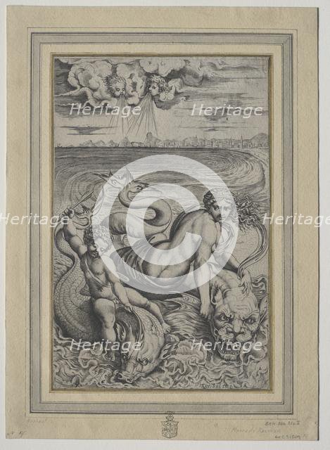 Love and Cupid Carried by Dolphins, 1500s. Creator: Marco Dente (Italian, c. 1486-1527).