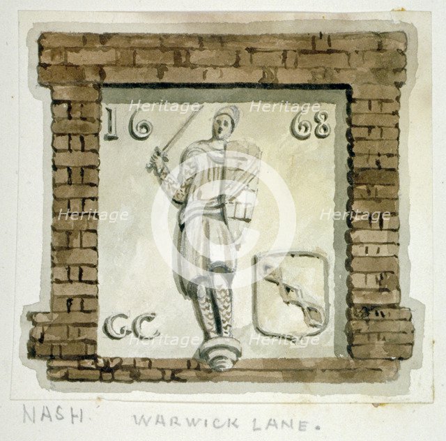 Effigy of Guy, Earl of Warwick, on the wall of a house in Warwick Lane, City of London, c1820.       Artist: Frederick Nash