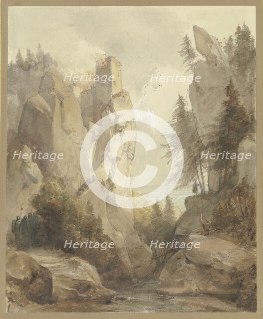 A burning castle on a rock, mid-late 19th century. Creator: Caspar Scheuren.