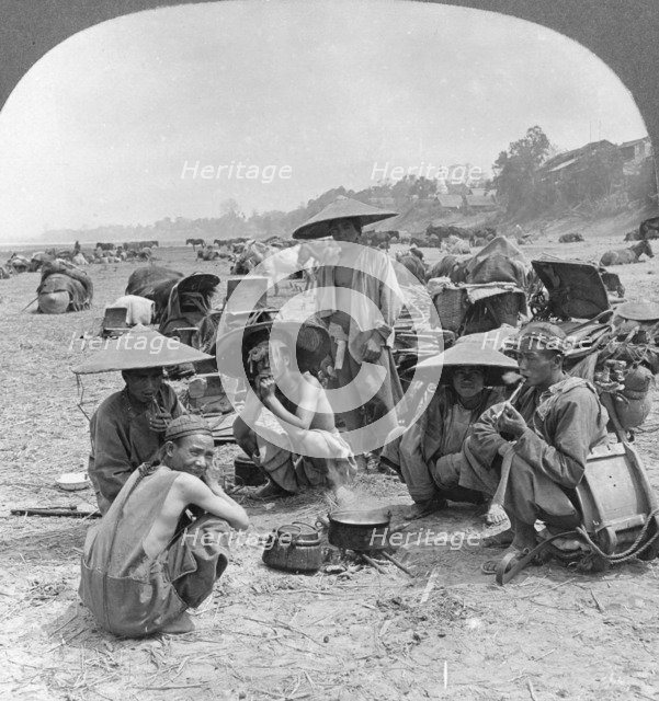 Caravan en route for China camping at Bhamo, Burma, 1908. Artist: Stereo Travel Co