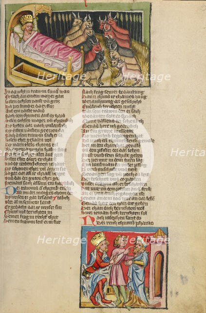 Pharaoh's Dream; Joseph Interpreting Pharaoh's Dream; Weltchronik, about 1400-1410. Creator: Unknown.