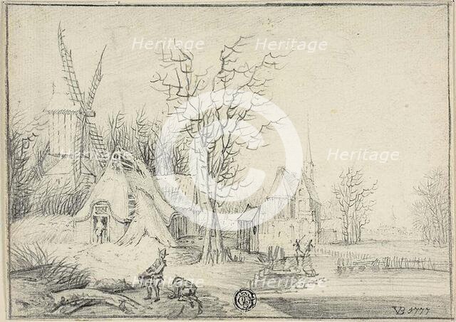 Village with Windmill and Church, 1777. Creator: Paul Theodor van Brussel.