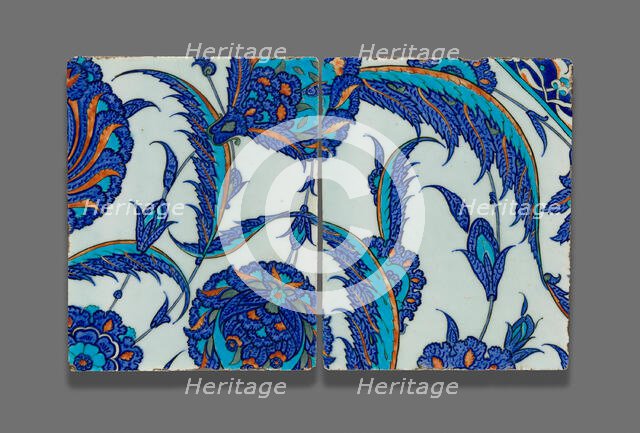 Two Tiles with Continuous Floral Pattern, Ottoman dynasty (1299-1923), c.1560. Creator: Unknown.