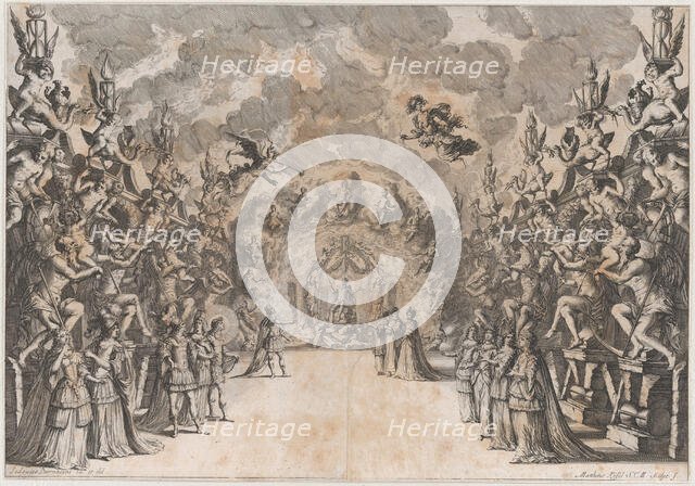 The Seat of Saturn; Saturn at center, seated on a throne of rubble, conversing with a king..., 1678. Creator: Mathäus Küsel.