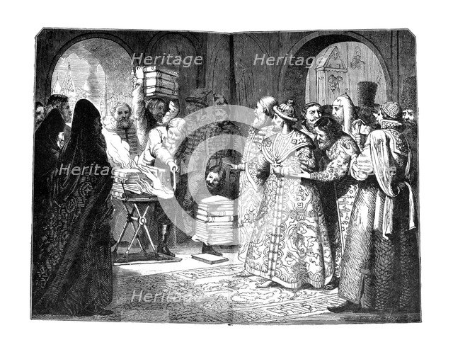 Tsar Fyodor III burn the Books of Russian Nobility 1682, 1880s. Artist: Dmitriev-Orenburgsky, Nikolai Dmitrievich (1837-1898)