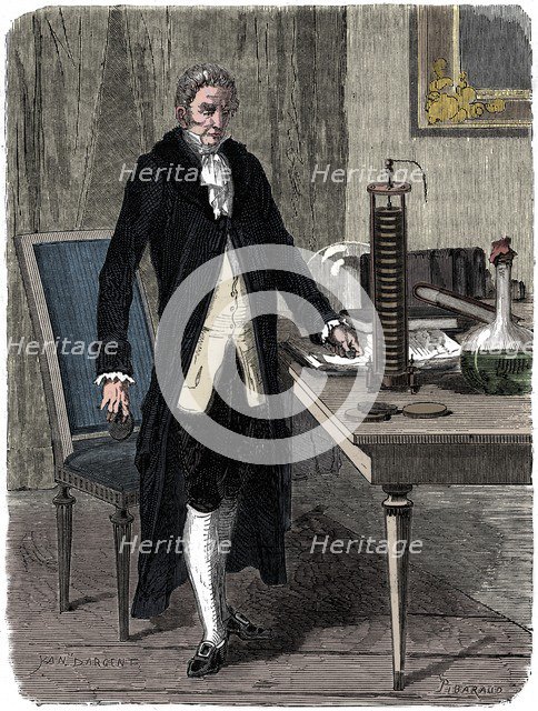 Alessandro Volta, Italian physicist, demonstrating his electric pile (battery), c1800 (c1870). Artist: Unknown.
