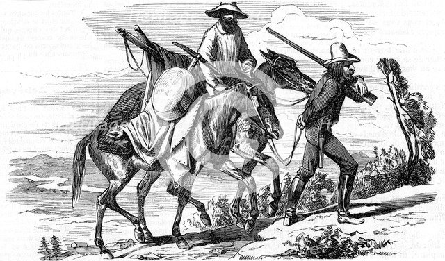 Prospectors on their way to the Californian gold fields, 1853. Artist: Unknown