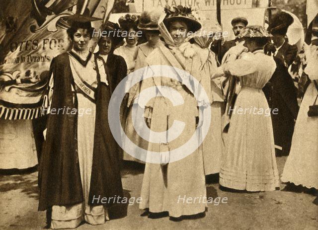 Christabel Pankhurst and Emmeline Pethick-Lawrence, Hyde Park, London, 21 June 1908, (1933).  Creator: Unknown.